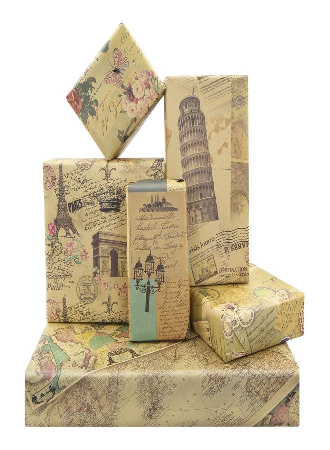 Boerni Vintage Shabby Chic French Paris Eiffel Tower Arc de Triomphe Leaning Tower of Pisa Bicycle Butterfly Rose Maps Kraft Wrapping Paper Folded Flat 6 Sheets: 23sq. ft. ttl-Anniversary Wedding Gift Wrap - Image 1